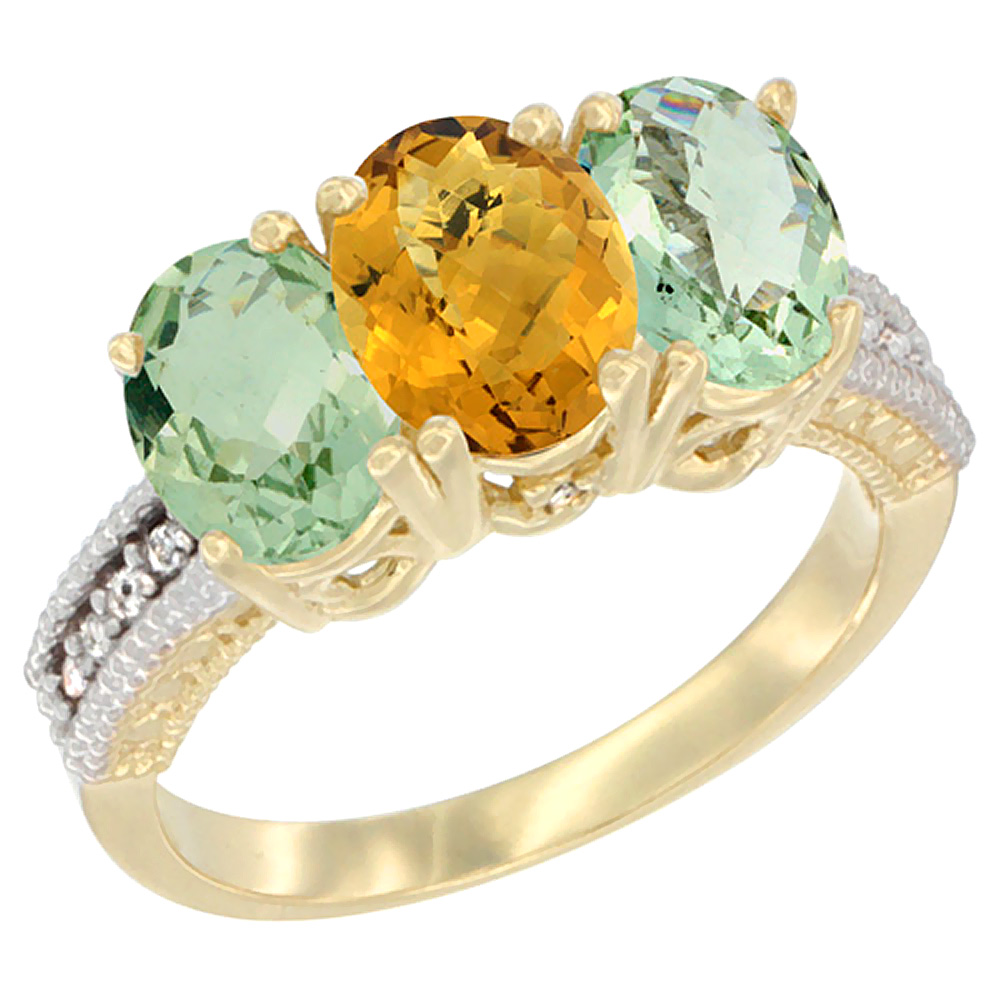 14K Yellow Gold Natural Whisky Quartz &amp; Green Amethyst Sides Ring 3-Stone 7x5 mm Oval Diamond Accent, sizes 5 - 10