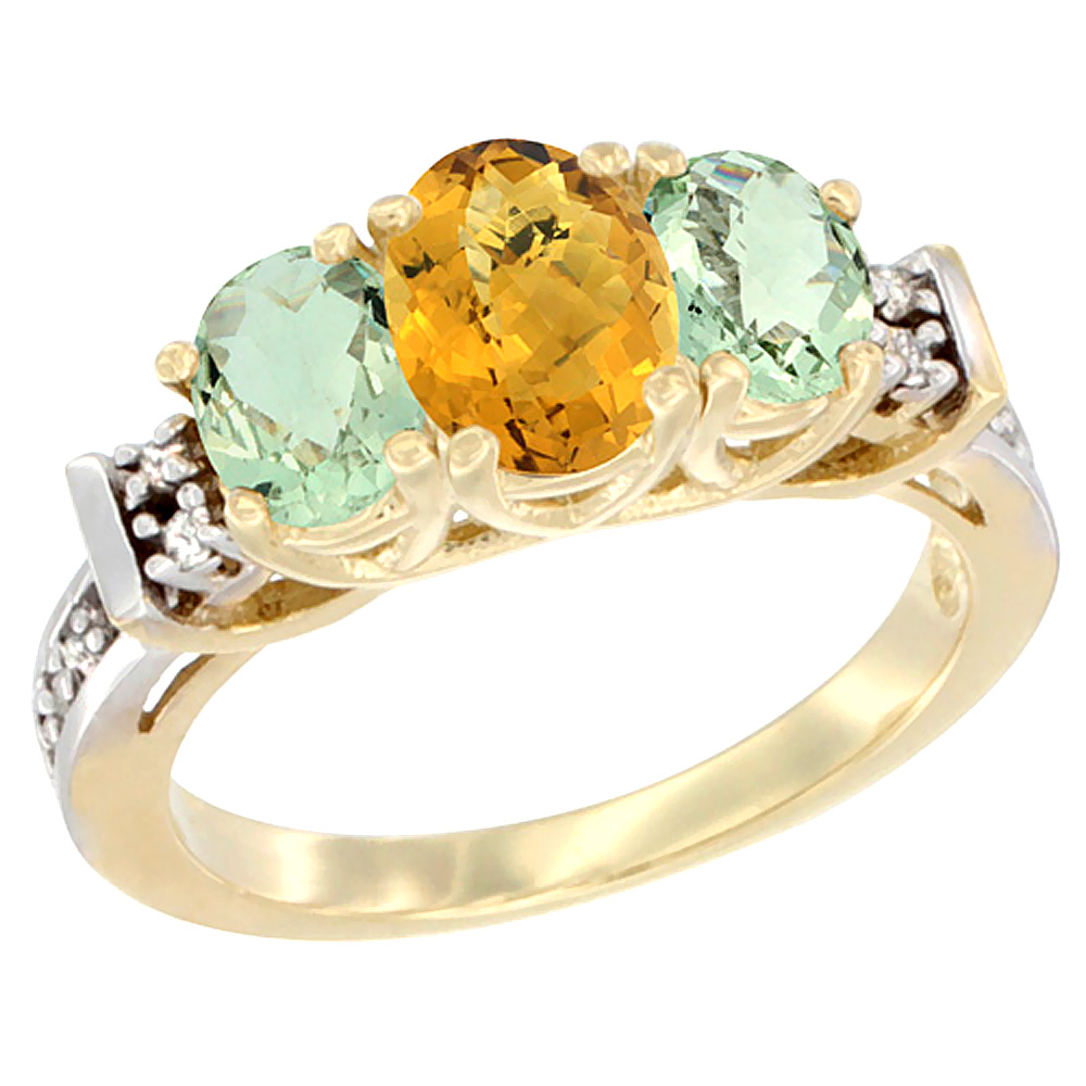 10K Yellow Gold Natural Whisky Quartz & Green Amethyst Ring 3-Stone Oval Diamond Accent