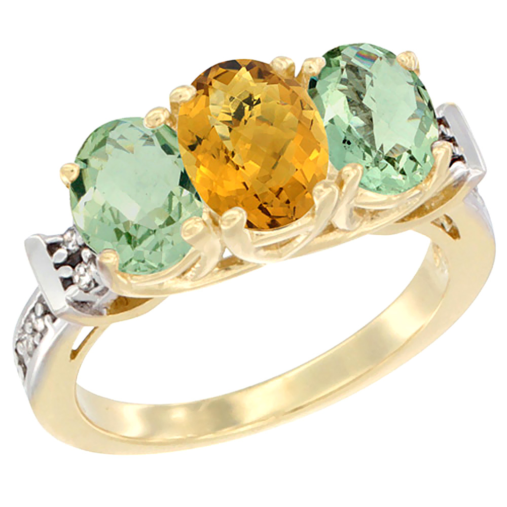 10K Yellow Gold Natural Whisky Quartz &amp; Green Amethyst Sides Ring 3-Stone Oval Diamond Accent, sizes 5 - 10