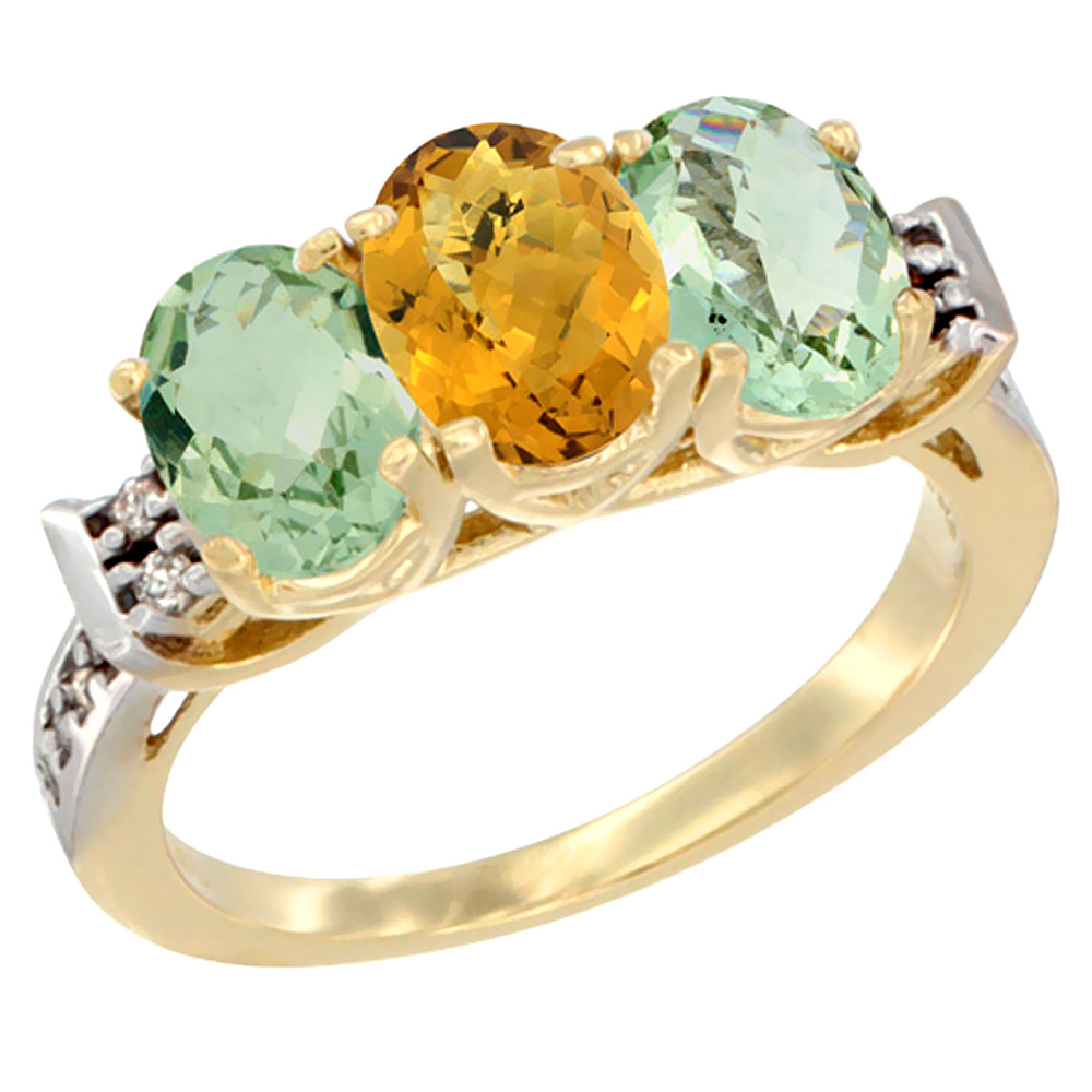 10K Yellow Gold Natural Whisky Quartz & Green Amethyst Sides Ring 3-Stone Oval 7x5 mm Diamond Accent, sizes 5 - 10