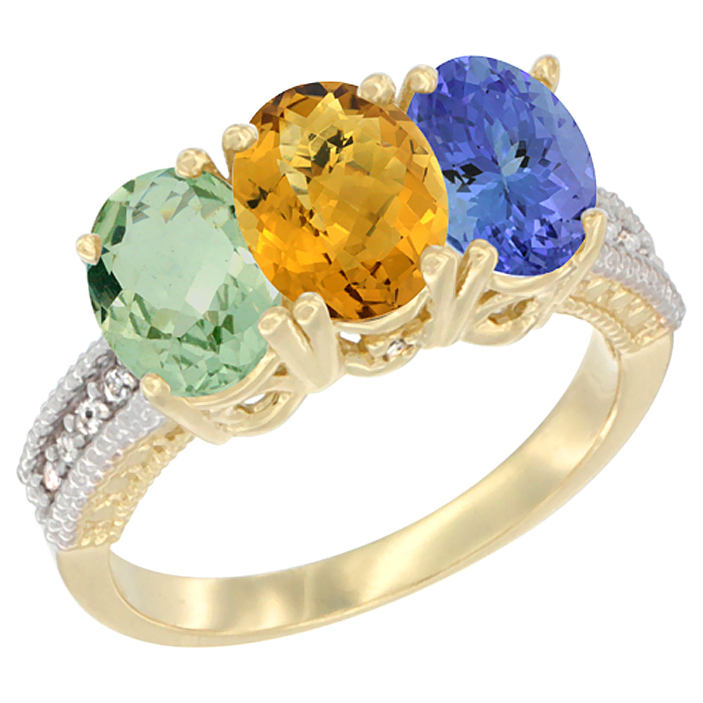 14K Yellow Gold Natural Green Amethyst, Whisky Quartz &amp; Tanzanite Ring 3-Stone 7x5 mm Oval Diamond Accent, sizes 5 - 10