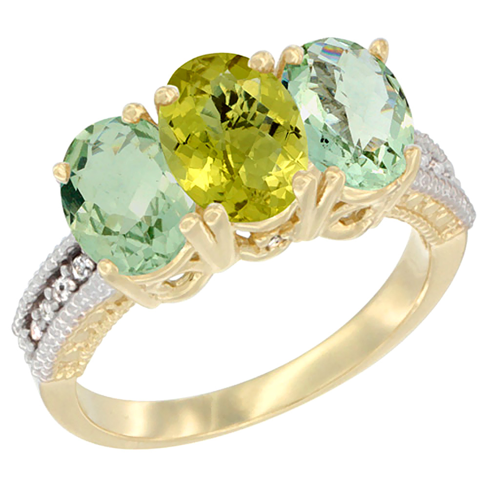 10K Yellow Gold Diamond Natural Lemon Quartz &amp; Green Amethyst Sides Ring 3-Stone Oval 7x5 mm, sizes 5 - 10