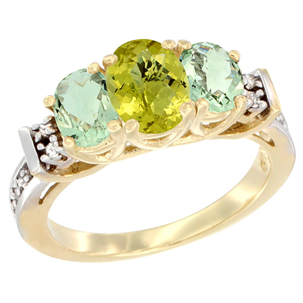 14K Yellow Gold Natural Lemon Quartz &amp; Green Amethyst Ring 3-Stone Oval Diamond Accent