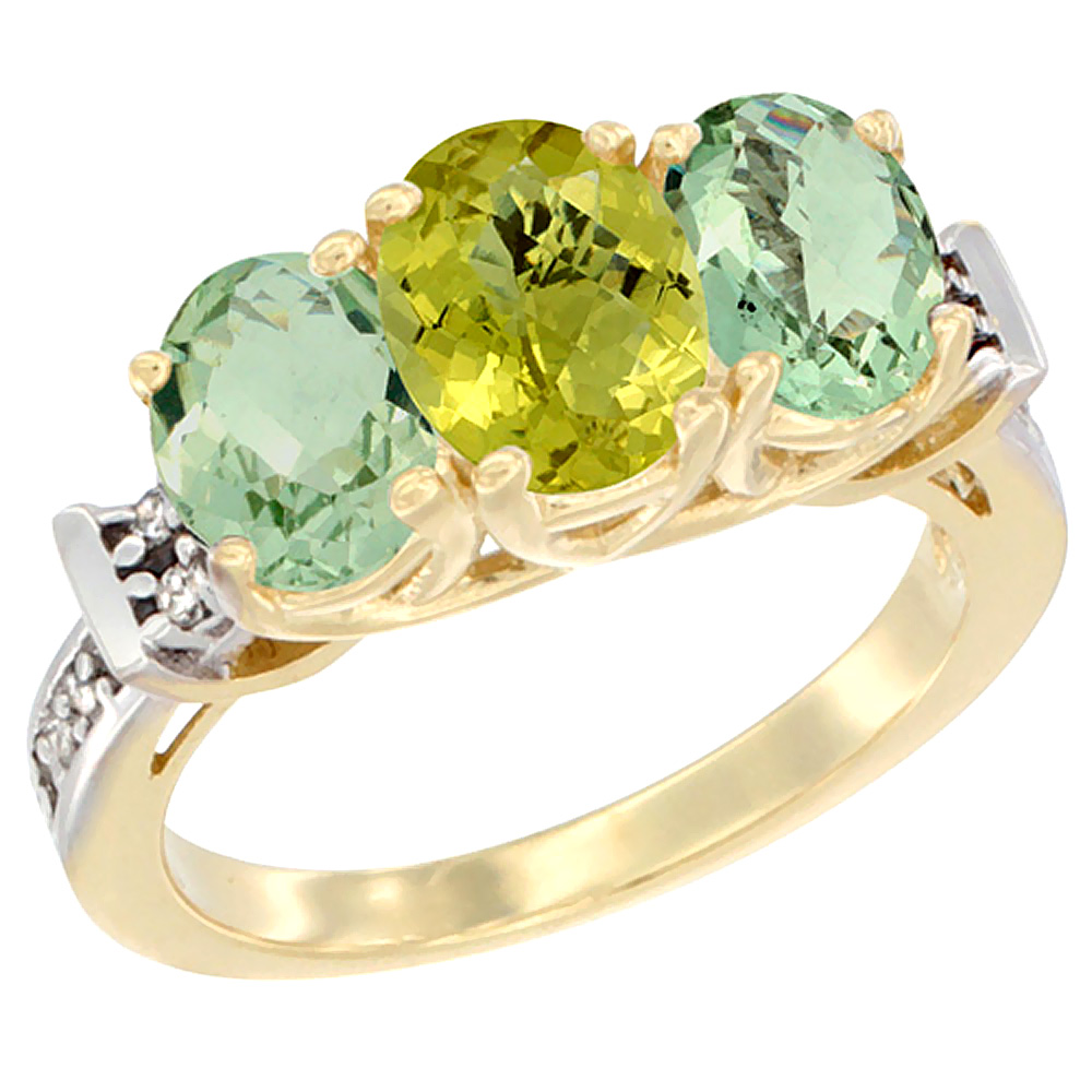 14K Yellow Gold Natural Lemon Quartz &amp; Green Amethyst Sides Ring 3-Stone Oval Diamond Accent, sizes 5 - 10