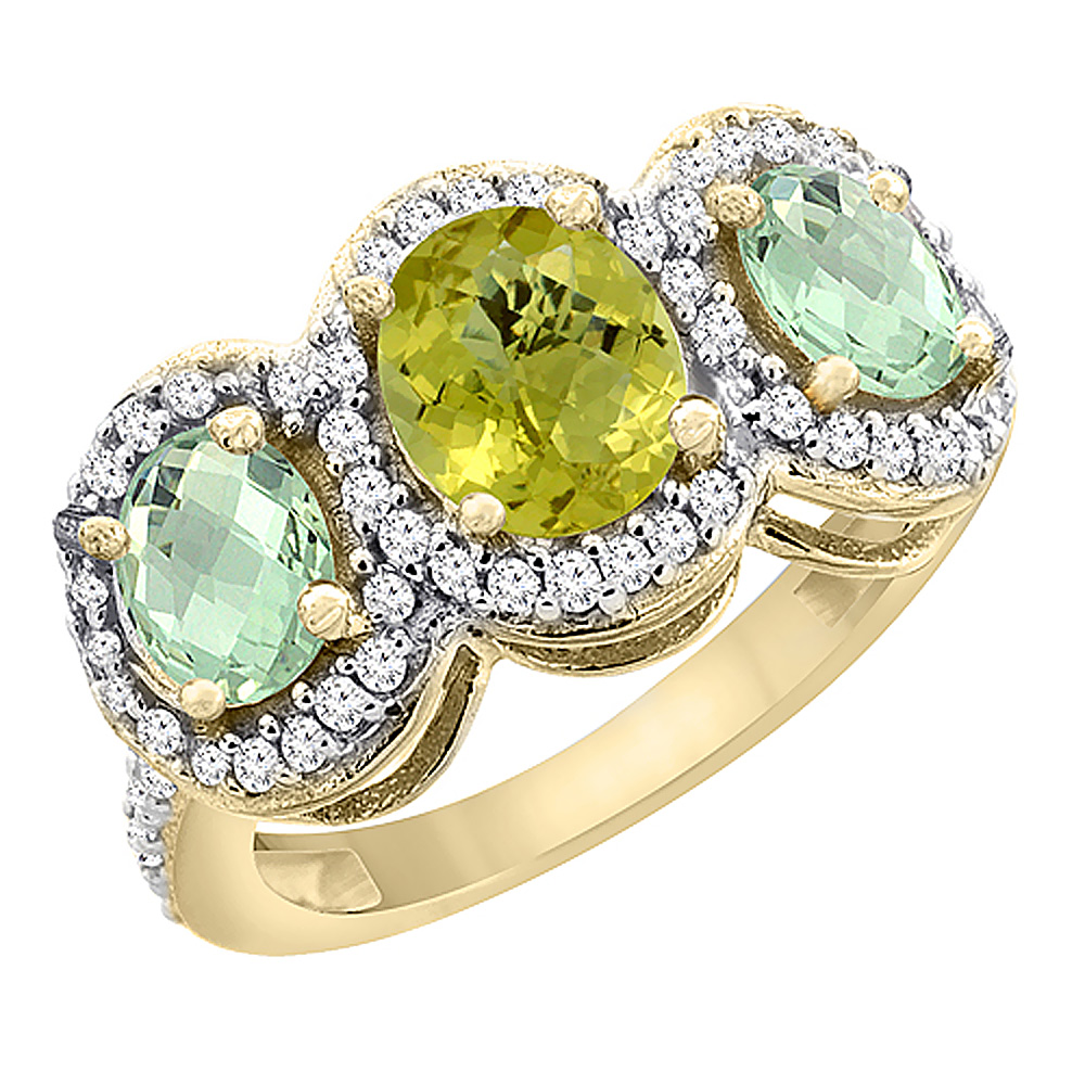 10K Yellow Gold Natural Lemon Quartz &amp; Green Amethyst 3-Stone Ring Oval Diamond Accent, sizes 5 - 10