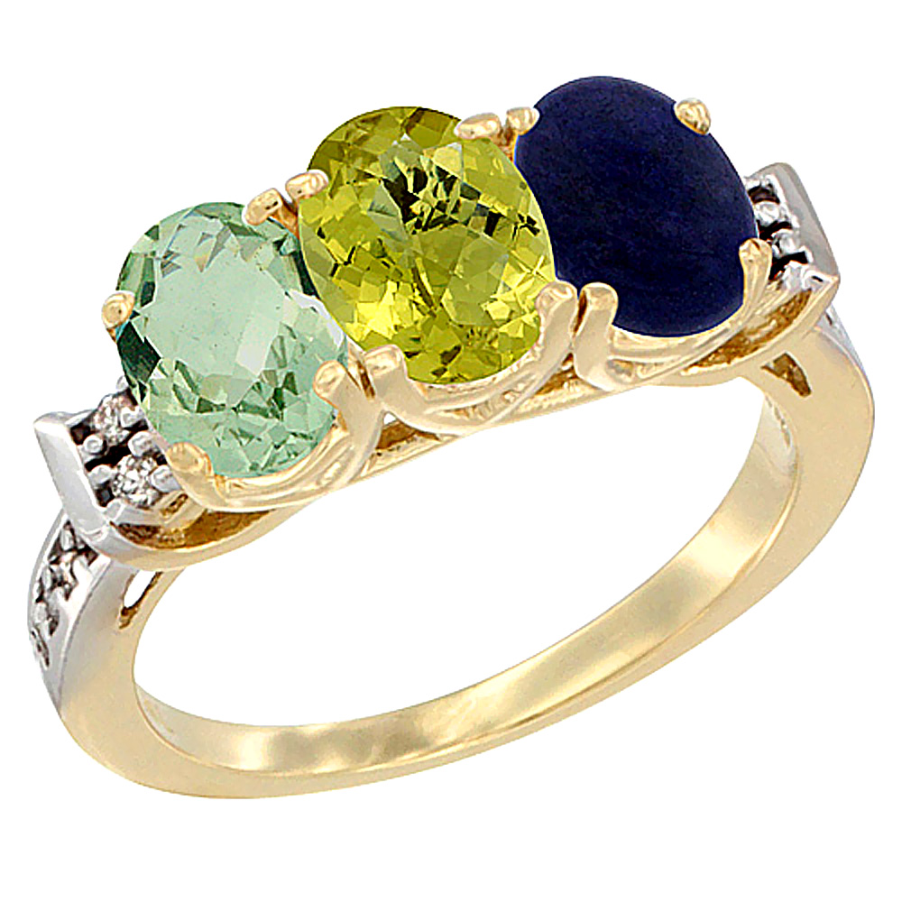 14K Yellow Gold Natural Green Amethyst, Lemon Quartz &amp; Lapis Ring 3-Stone 7x5 mm Oval Diamond Accent, sizes 5 - 10