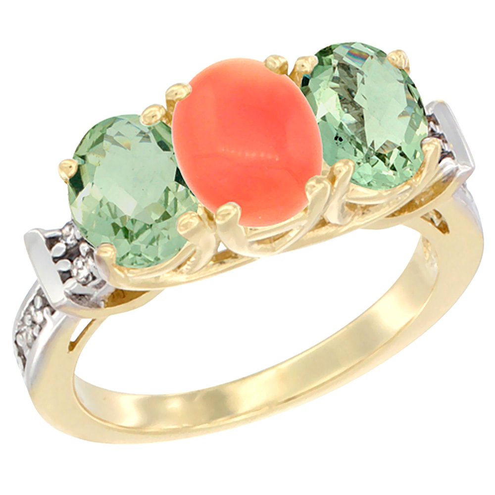 10K Yellow Gold Natural Coral &amp; Green Amethyst Sides Ring 3-Stone Oval Diamond Accent, sizes 5 - 10
