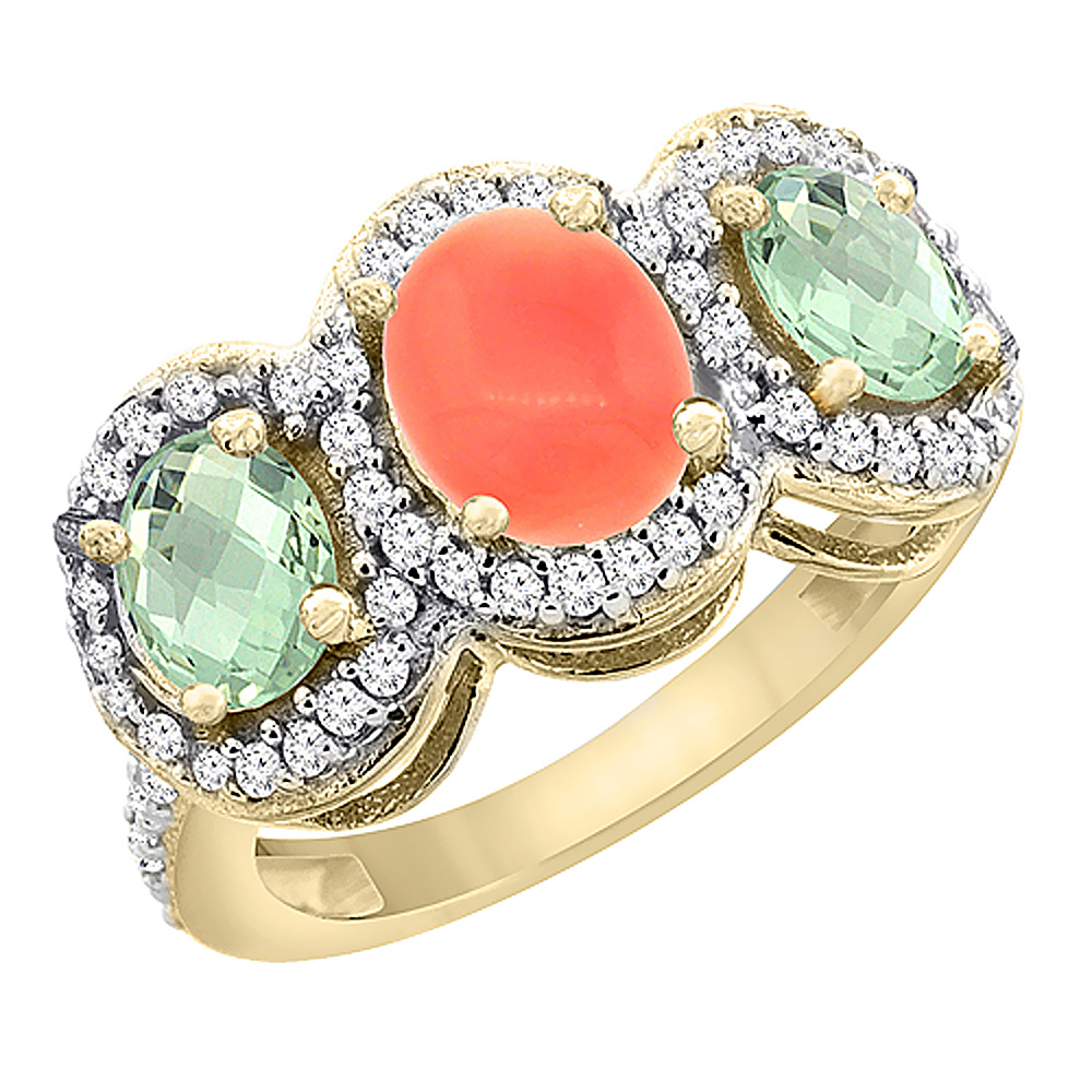 14K Yellow Gold Natural Coral &amp; Green Amethyst 3-Stone Ring Oval Diamond Accent, sizes 5 - 10