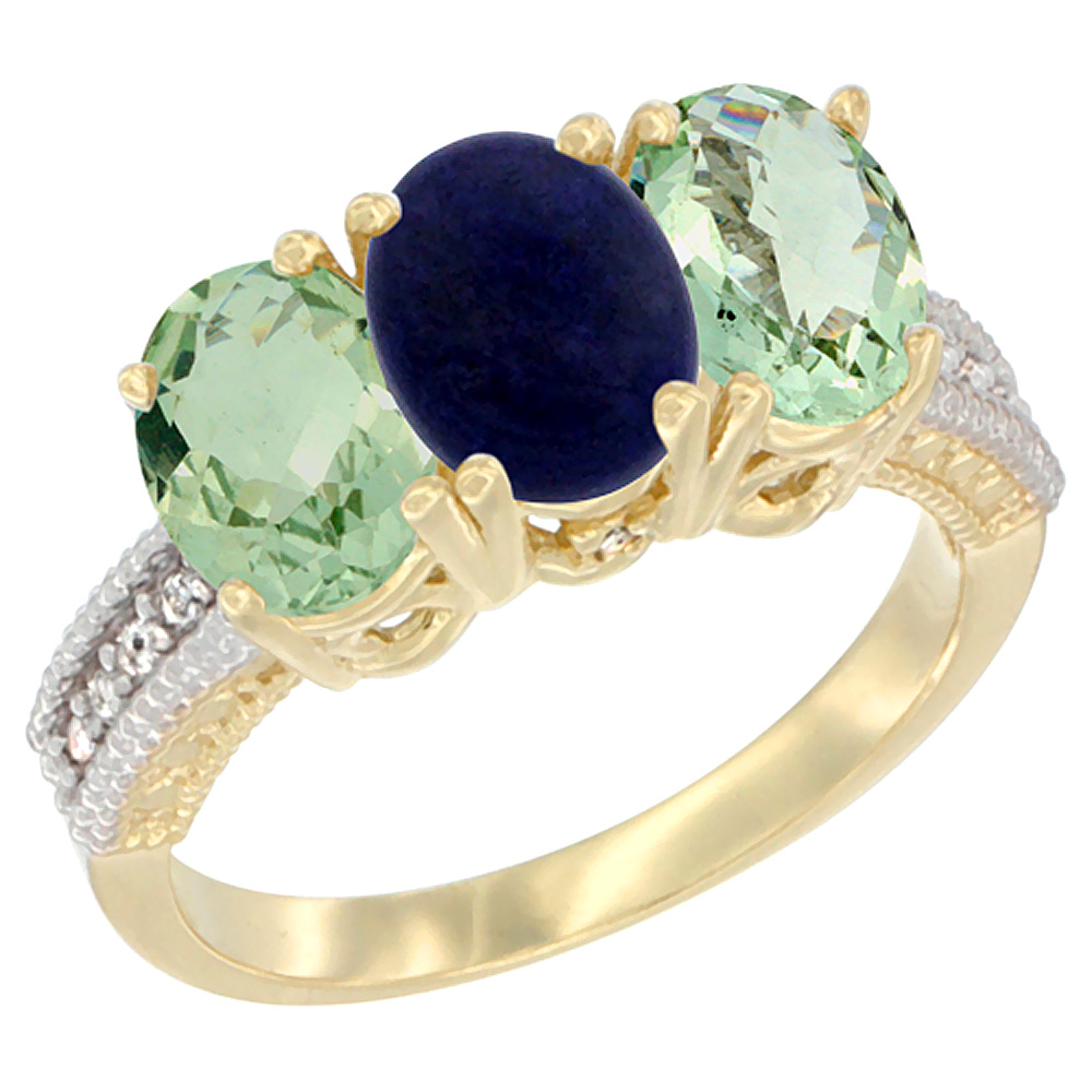 10K Yellow Gold Diamond Natural Lapis &amp; Green Amethyst Sides Ring 3-Stone Oval 7x5 mm, sizes 5 - 10