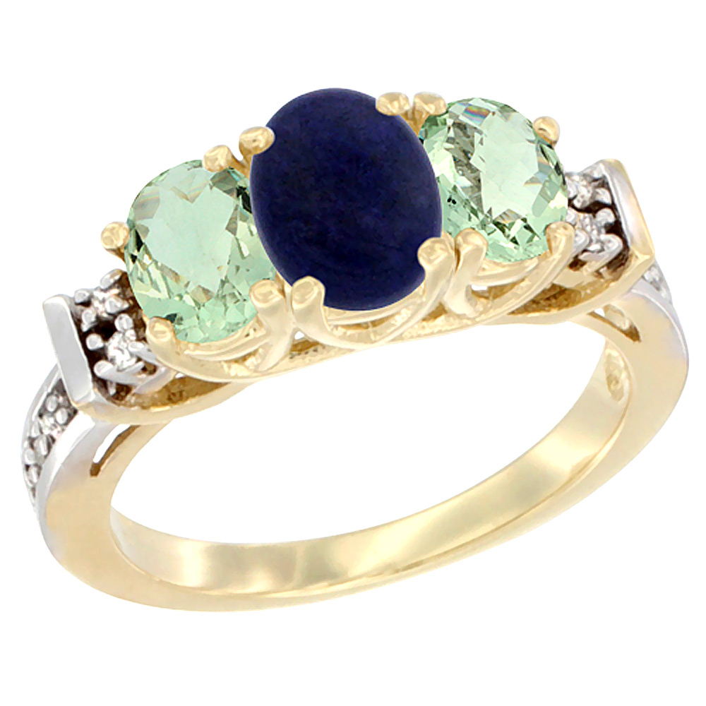 10K Yellow Gold Natural Lapis &amp; Green Amethyst Ring 3-Stone Oval Diamond Accent