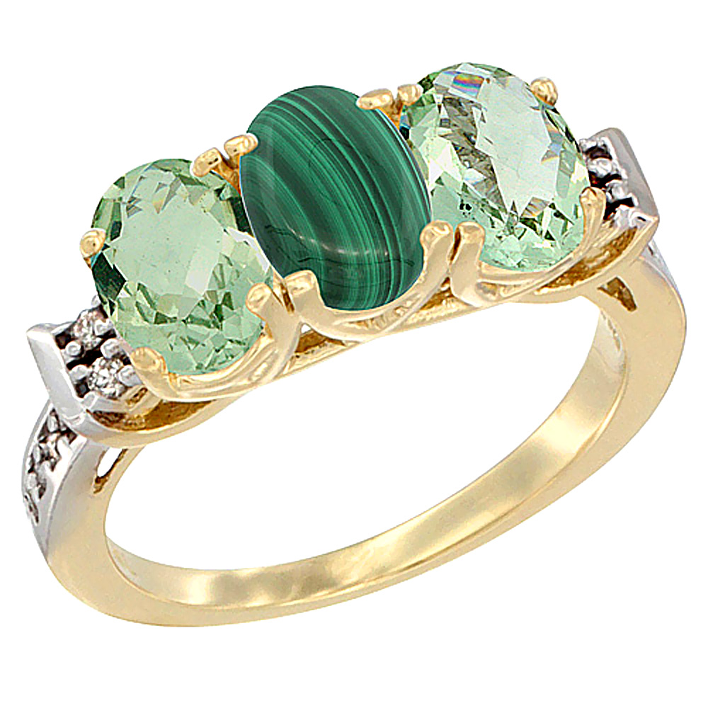 10K Yellow Gold Natural Malachite &amp; Green Amethyst Sides Ring 3-Stone Oval 7x5 mm Diamond Accent, sizes 5 - 10