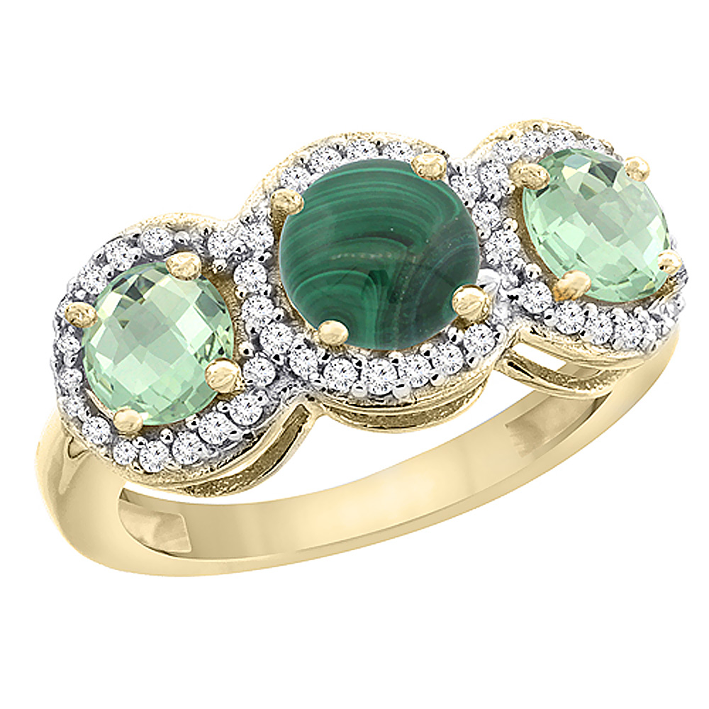 10K Yellow Gold Natural Malachite &amp; Green Amethyst Sides Round 3-stone Ring Diamond Accents, sizes 5 - 10
