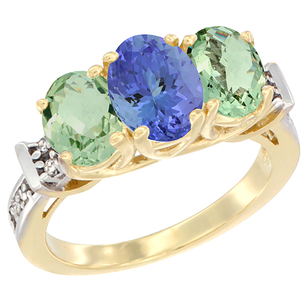 10K Yellow Gold Natural Tanzanite &amp; Green Amethyst Sides Ring 3-Stone Oval Diamond Accent, sizes 5 - 10