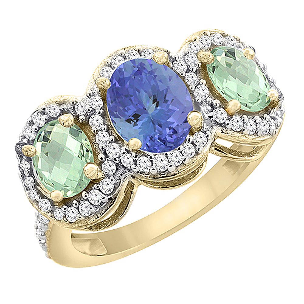 10K Yellow Gold Natural Tanzanite &amp; Green Amethyst 3-Stone Ring Oval Diamond Accent, sizes 5 - 10