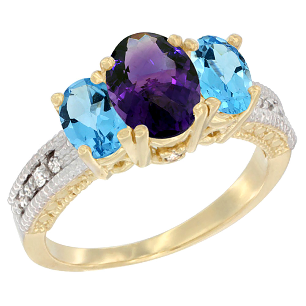 14K Yellow Gold Diamond Natural Amethyst Ring Oval 3-stone with Swiss Blue Topaz, sizes 5 - 10