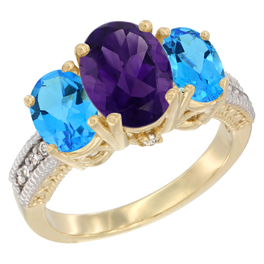 14K Yellow Gold Diamond Natural Amethyst Ring 3-Stone Oval 8x6mm with Swiss Blue Topaz, sizes5-10