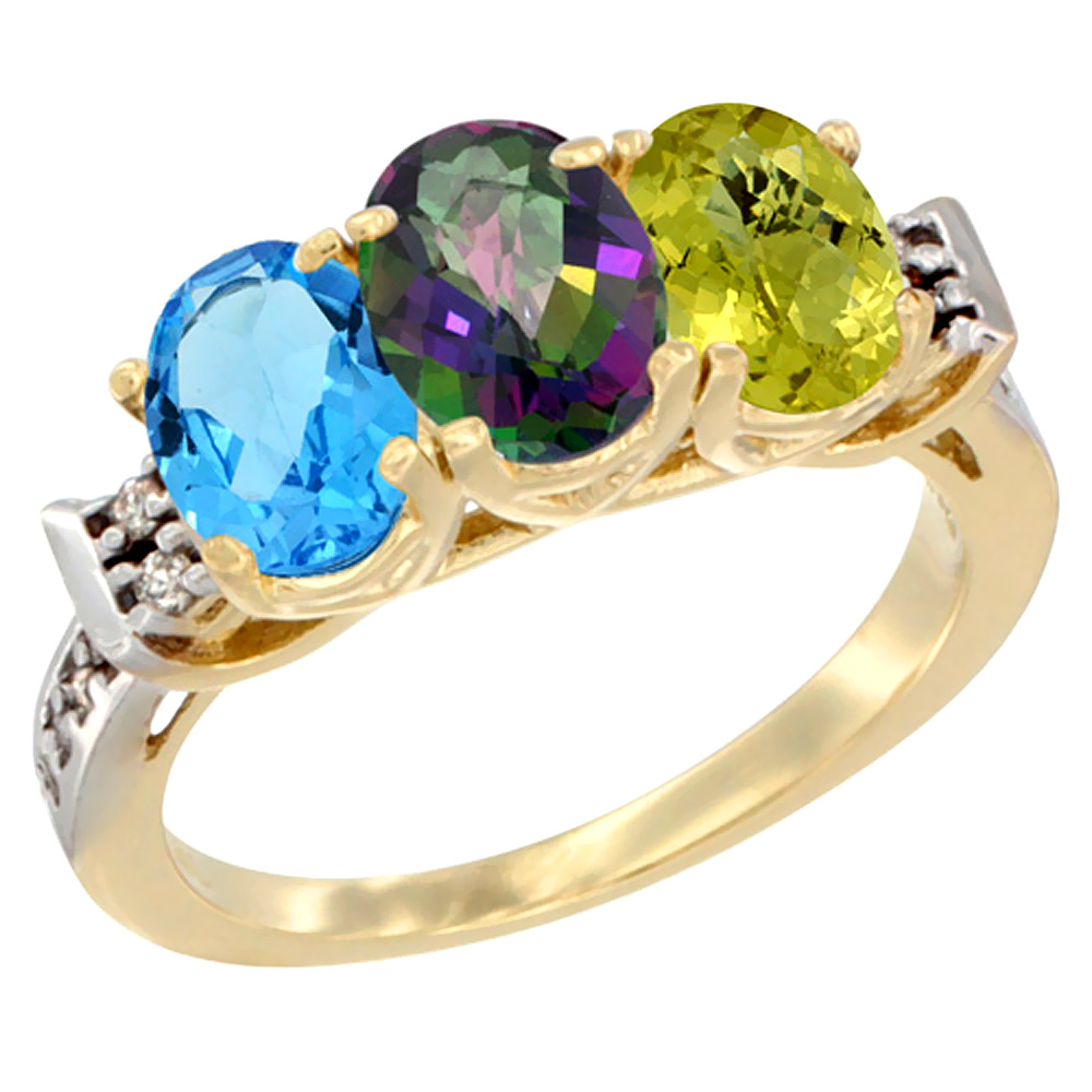 14K Yellow Gold Natural Swiss Blue Topaz, Mystic Topaz &amp; Lemon Quartz Ring 3-Stone 7x5 mm Oval Diamond Accent, sizes 5 - 10