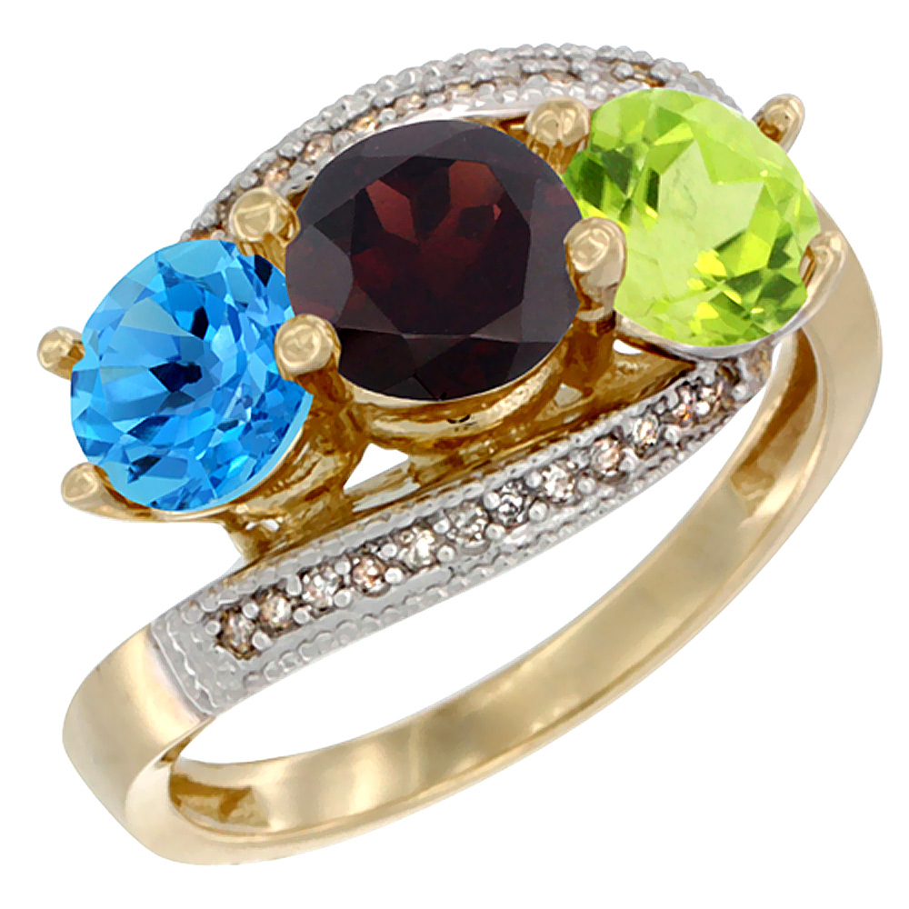 14K Yellow Gold Natural Swiss Blue Topaz, Garnet &amp; Peridot 3 stone Ring Round 6mm Diamond Accent, sizes 5 - 10