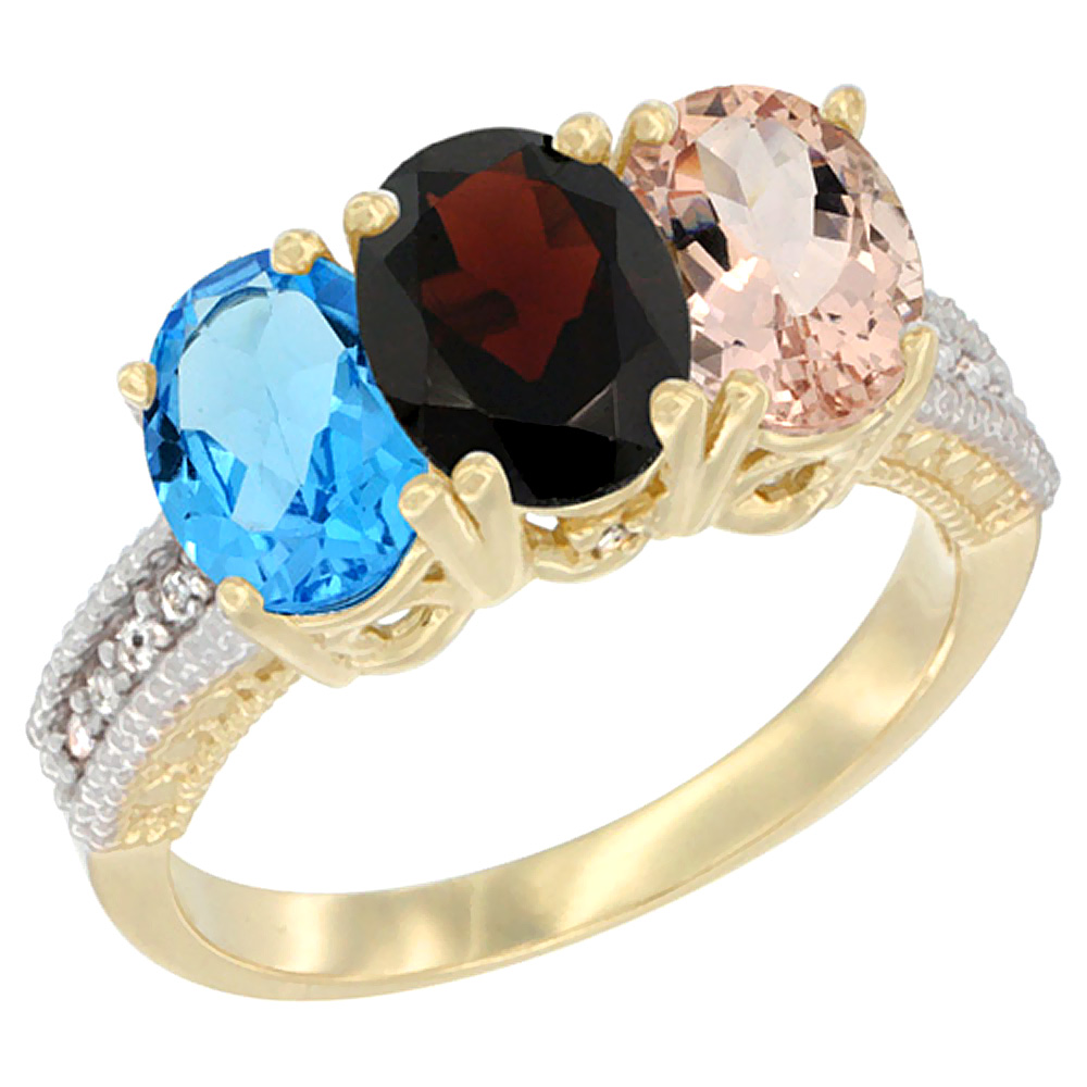 14K Yellow Gold Natural Swiss Blue Topaz, Garnet &amp; Morganite Ring 3-Stone 7x5 mm Oval Diamond Accent, sizes 5 - 10