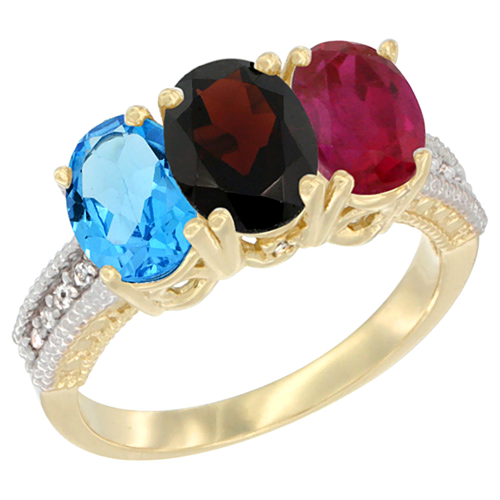 14K Yellow Gold Natural Swiss Blue Topaz, Garnet &amp; Enhanced Ruby Ring 3-Stone 7x5 mm Oval Diamond Accent, sizes 5 - 10