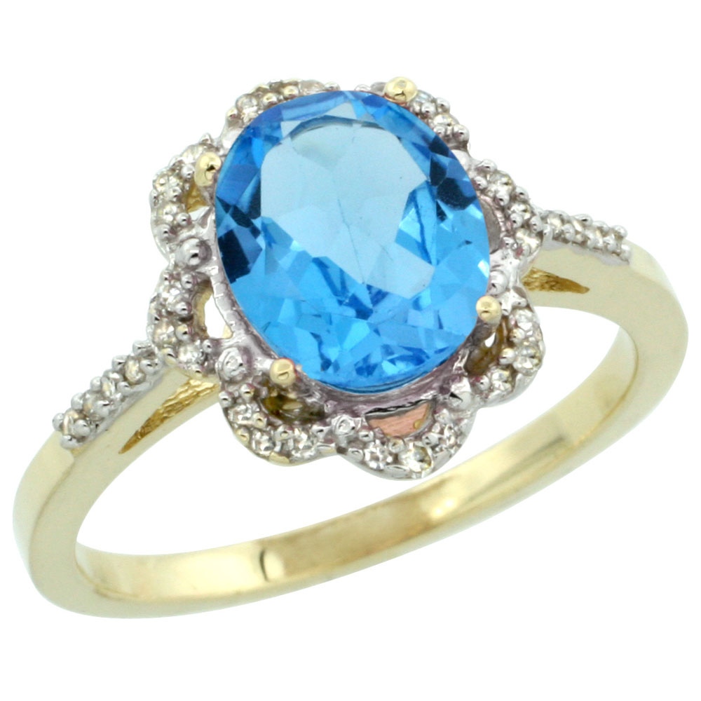 10K Yellow Gold Diamond Halo Genuine Blue Topaz Engagement Ring Oval 9x7mm sizes 5-10
