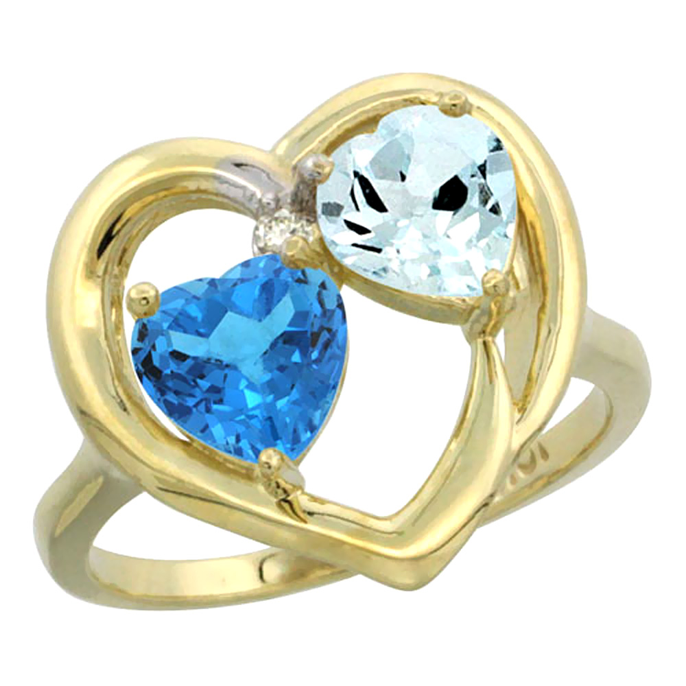 14K Yellow Gold Diamond Two-stone Heart Ring 6mm Natural Swiss Blue Topaz &amp; Aquamarine, sizes 5-10