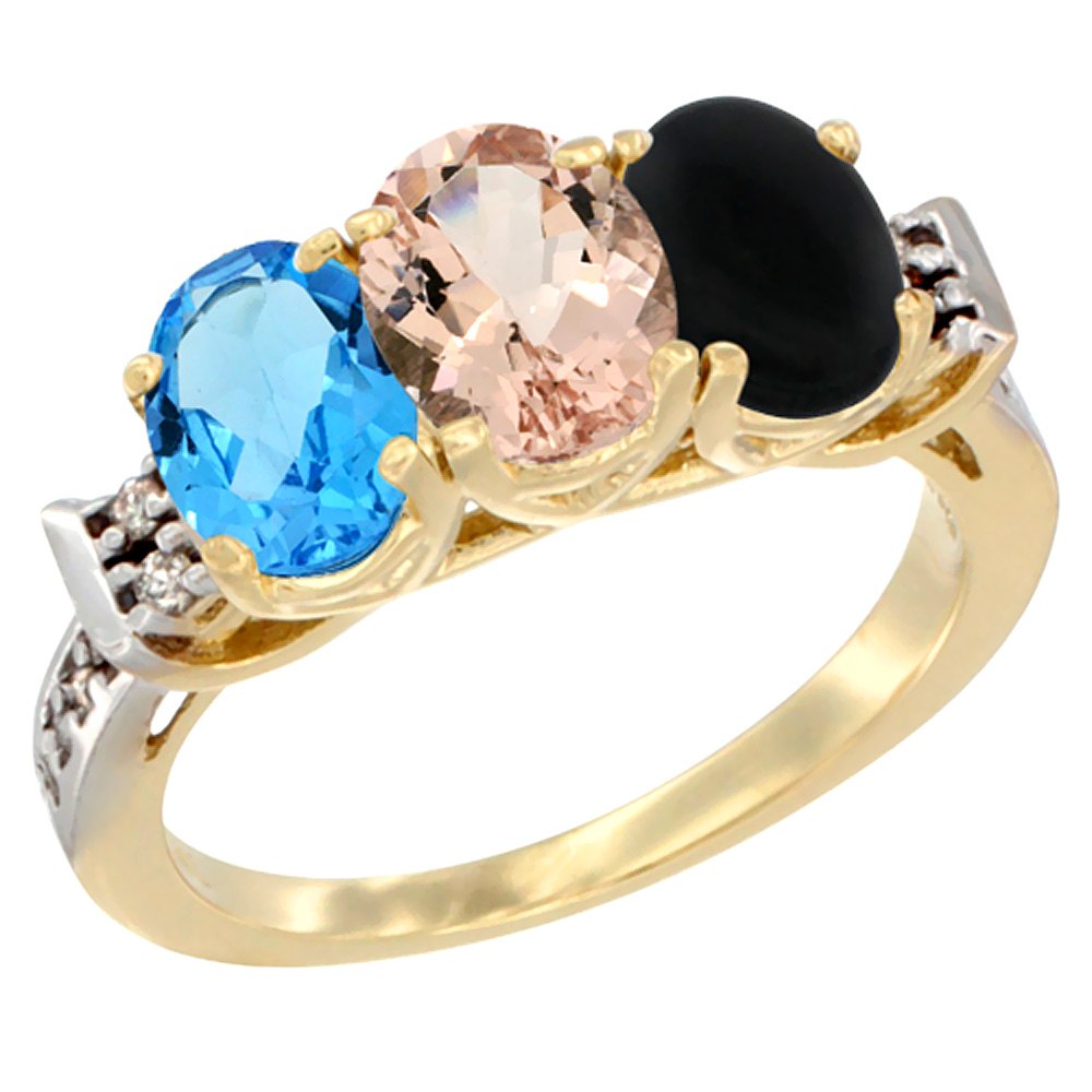 14K Yellow Gold Natural Swiss Blue Topaz, Morganite &amp; Black Onyx Ring 3-Stone 7x5 mm Oval Diamond Accent, sizes 5 - 10