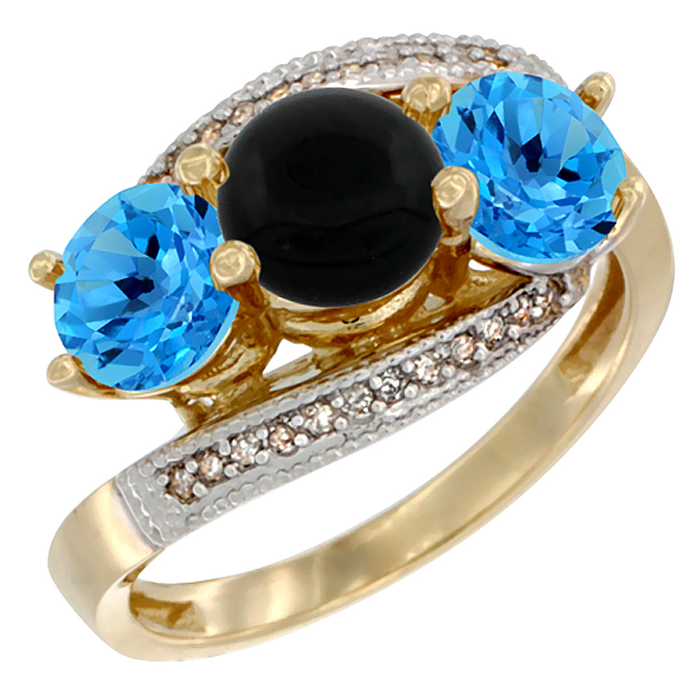 14K Yellow Gold Natural Black Onyx &amp; Swiss Blue Topaz Sides 3 stone Ring Round 6mm Diamond Accent, sizes 5 - 10
