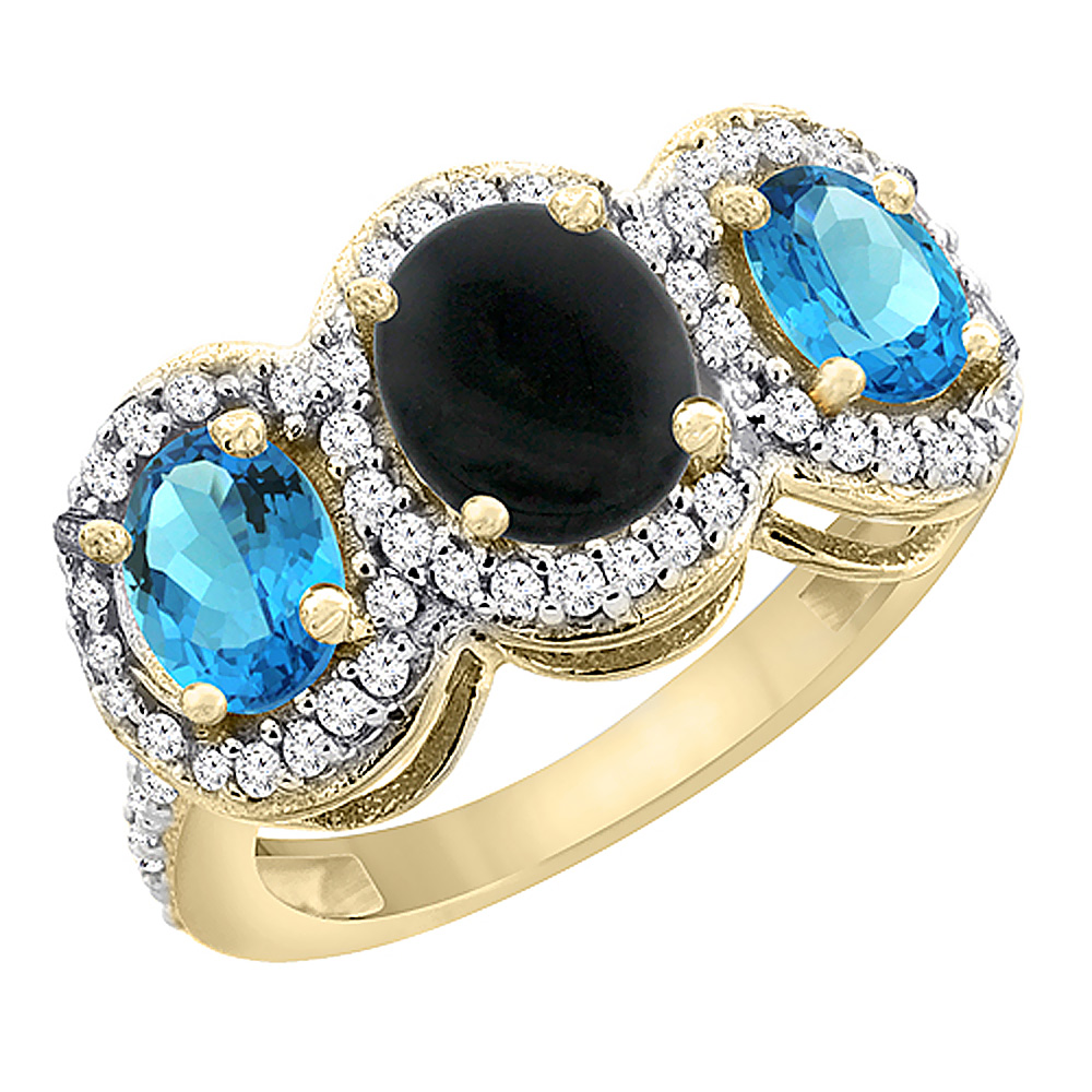 14K Yellow Gold Natural Black Onyx &amp; Swiss Blue Topaz 3-Stone Ring Oval Diamond Accent, sizes 5 - 10