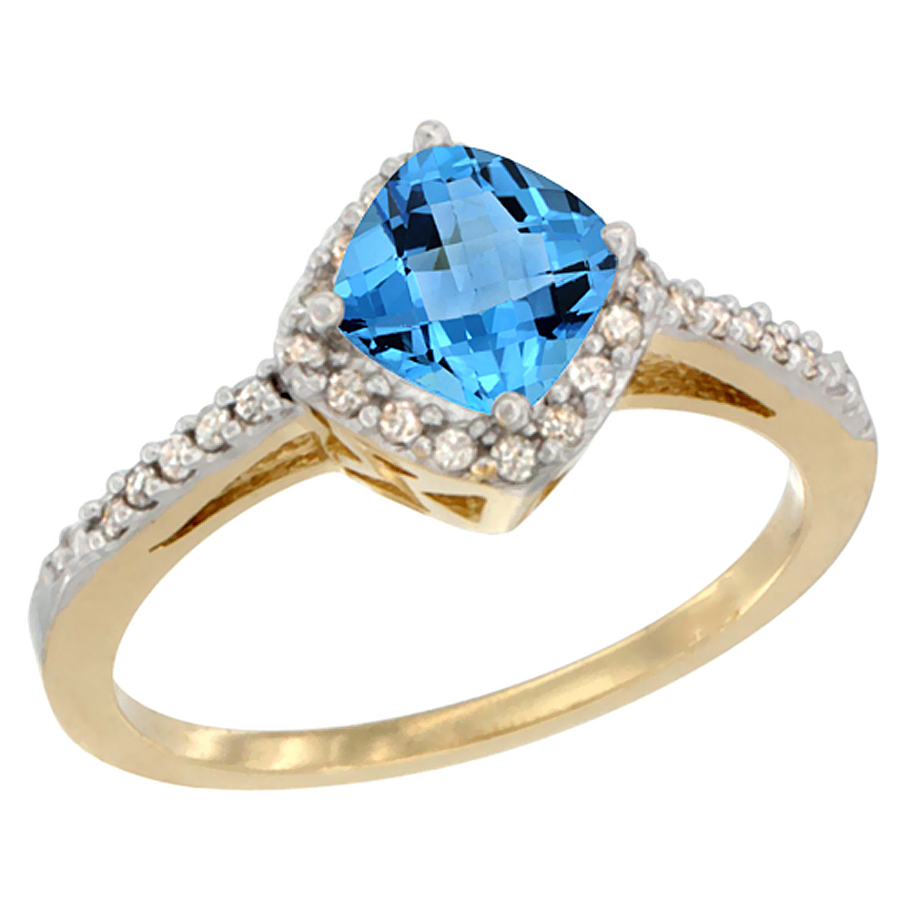 10K Yellow Gold Genuine Blue Topaz Ring Cushion-cut 6mm Halo Diamond Accent sizes 5 - 10