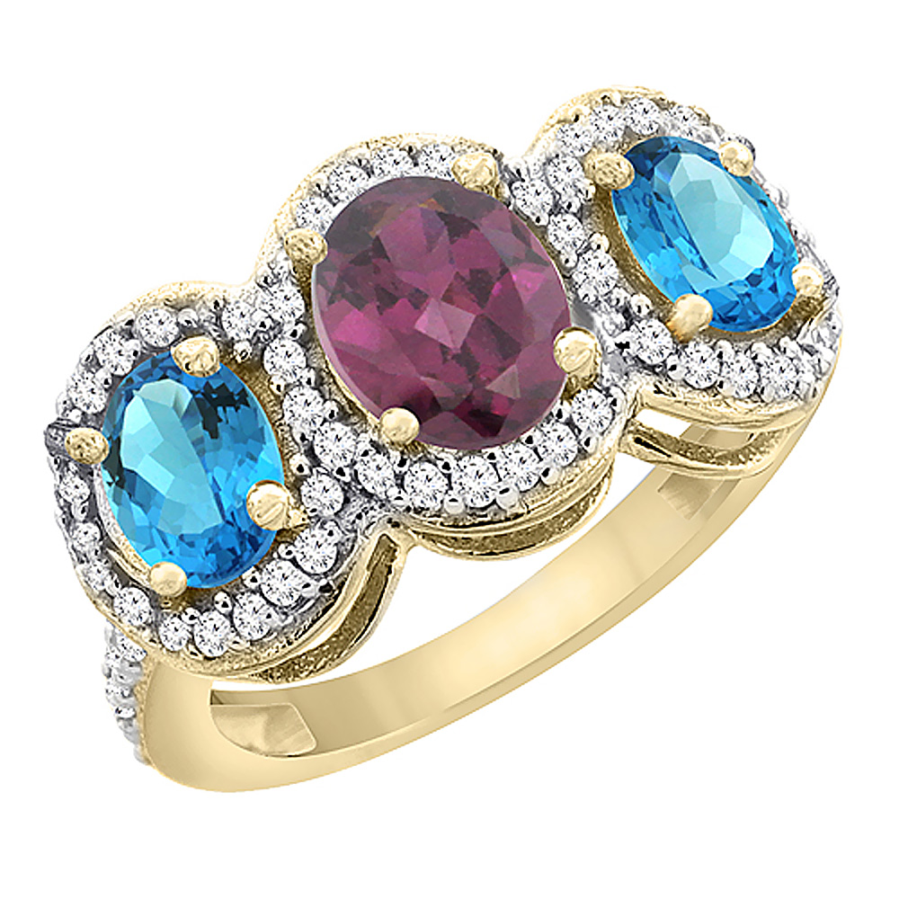 14K Yellow Gold Natural Rhodolite &amp; Swiss Blue Topaz 3-Stone Ring Oval Diamond Accent, sizes 5 - 10