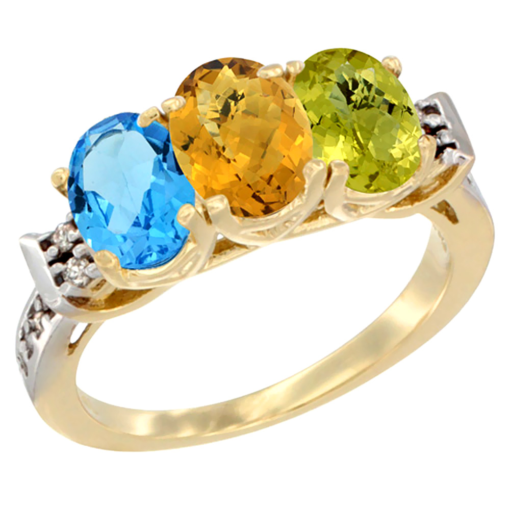 14K Yellow Gold Natural Swiss Blue Topaz, Whisky Quartz &amp; Lemon Quartz Ring 3-Stone 7x5 mm Oval Diamond Accent, sizes 5 - 10