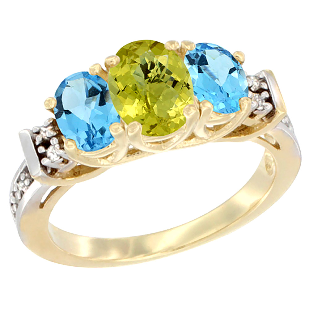 14K Yellow Gold Natural Lemon Quartz &amp; Swiss Blue Topaz Ring 3-Stone Oval Diamond Accent