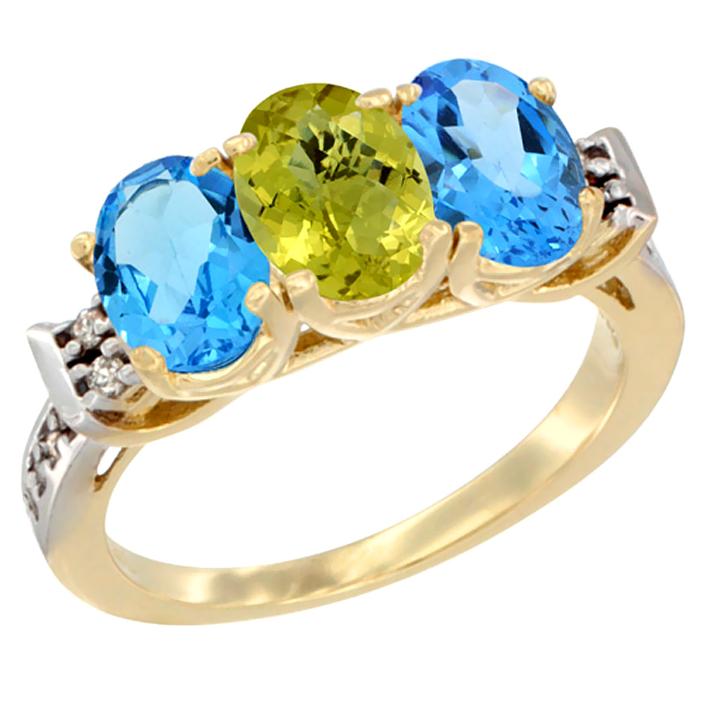 14K Yellow Gold Natural Lemon Quartz &amp; Swiss Blue Topaz Sides Ring 3-Stone 7x5 mm Oval Diamond Accent, sizes 5 - 10