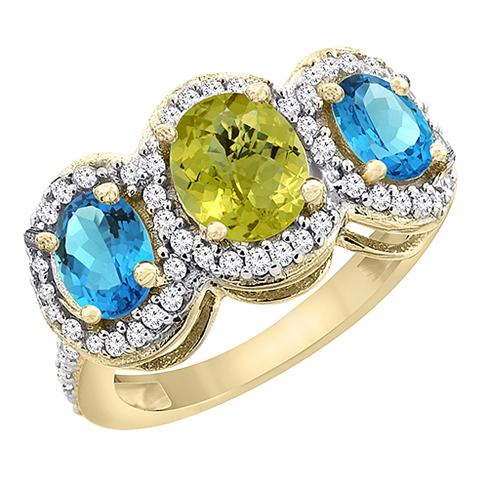 14K Yellow Gold Natural Lemon Quartz &amp; Swiss Blue Topaz 3-Stone Ring Oval Diamond Accent, sizes 5 - 10