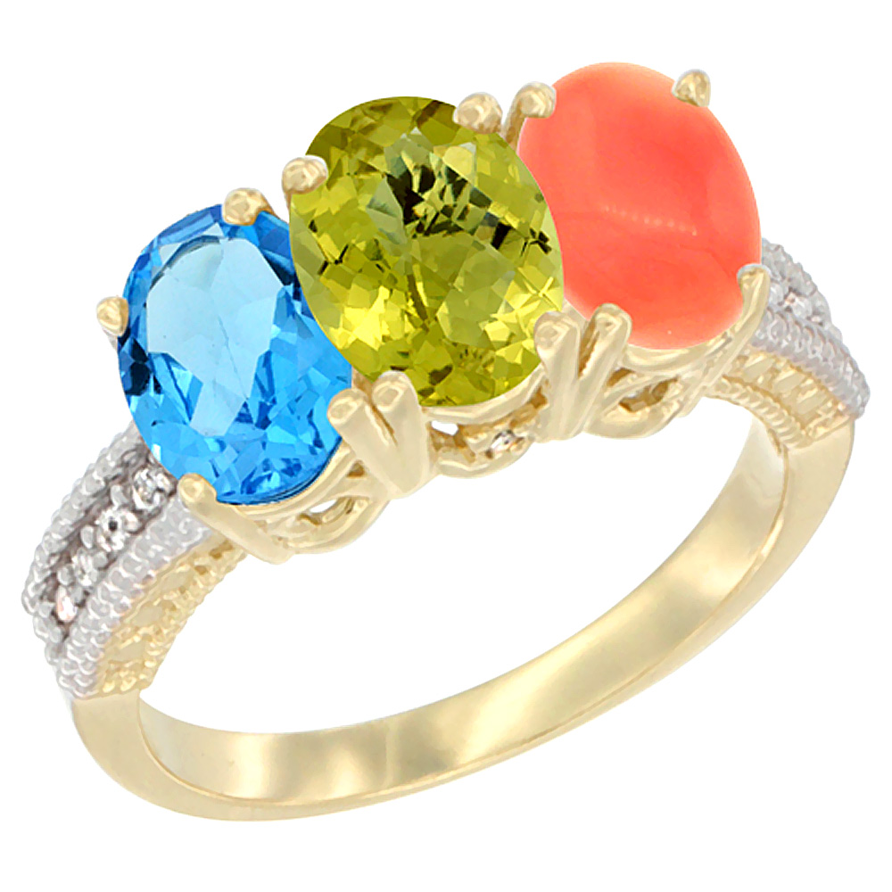 14K Yellow Gold Natural Swiss Blue Topaz, Lemon Quartz &amp; Coral Ring 3-Stone 7x5 mm Oval Diamond Accent, sizes 5 - 10