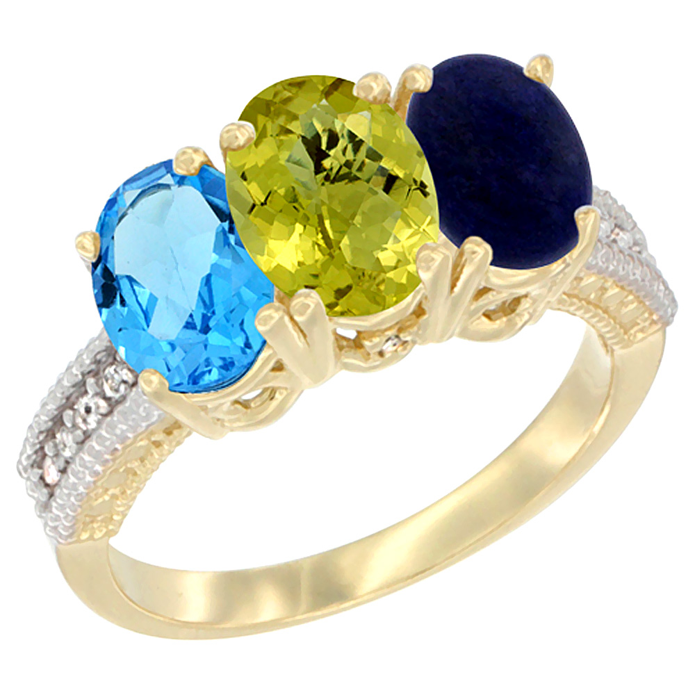 14K Yellow Gold Natural Swiss Blue Topaz, Lemon Quartz &amp; Lapis Ring 3-Stone 7x5 mm Oval Diamond Accent, sizes 5 - 10