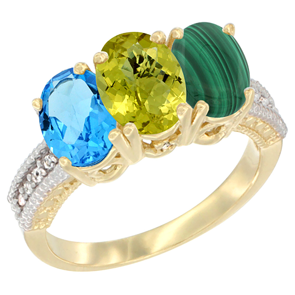 14K Yellow Gold Natural Swiss Blue Topaz, Lemon Quartz & Malachite Ring 3-Stone 7x5 mm Oval Diamond Accent, sizes 5 - 10