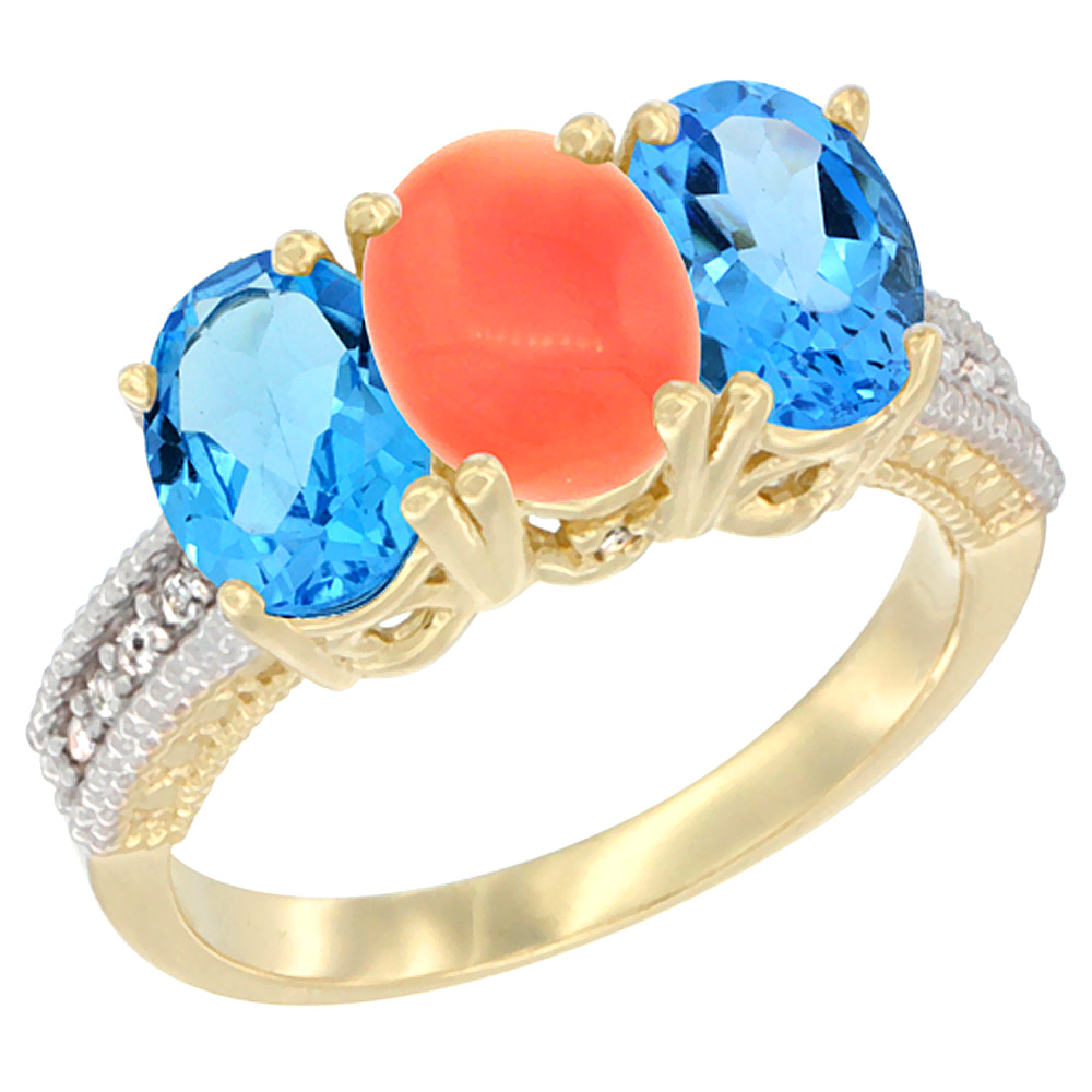 10K Yellow Gold Diamond Natural Coral &amp; Swiss Blue Topaz Ring 3-Stone Oval 7x5 mm, sizes 5 - 10