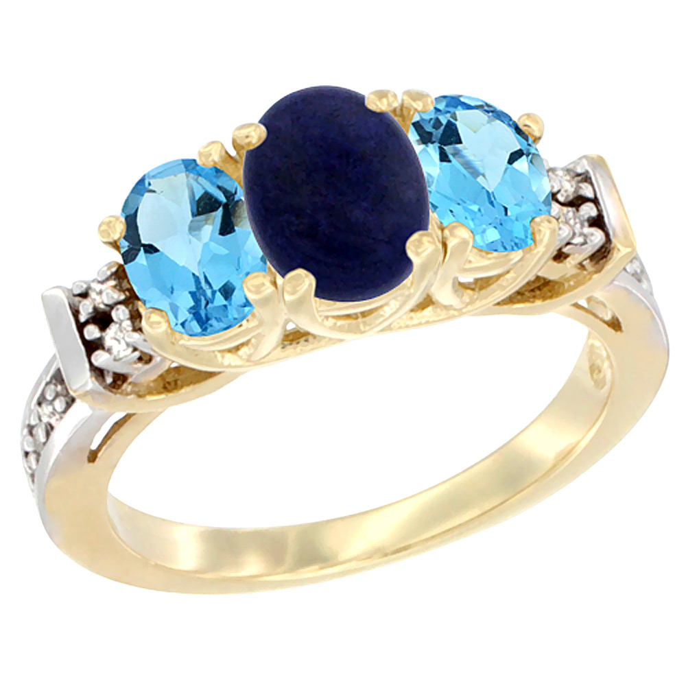 14K Yellow Gold Natural Lapis &amp; Swiss Blue Topaz Ring 3-Stone Oval Diamond Accent