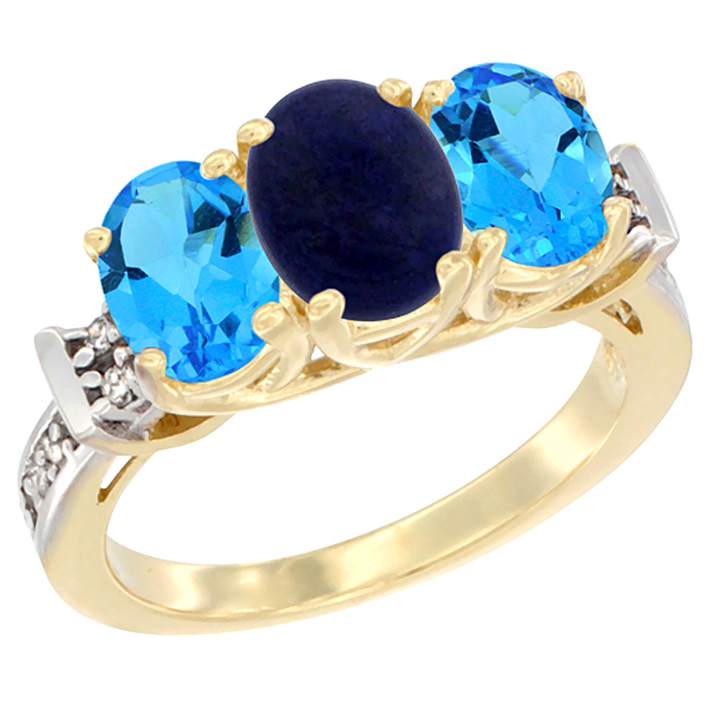 10K Yellow Gold Natural Lapis &amp; Swiss Blue Topaz Sides Ring 3-Stone Oval Diamond Accent, sizes 5 - 10