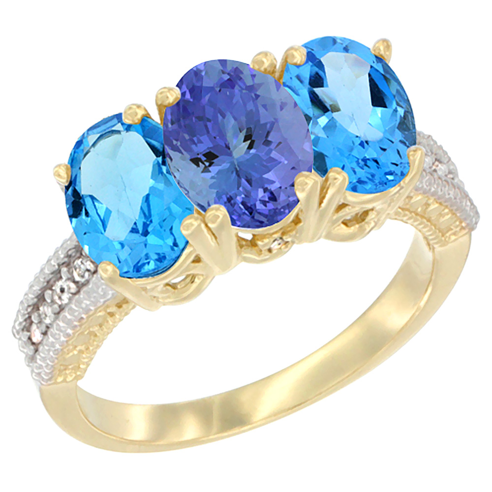 14K Yellow Gold Natural Tanzanite &amp; Swiss Blue Topaz Sides Ring 3-Stone 7x5 mm Oval Diamond Accent, sizes 5 - 10