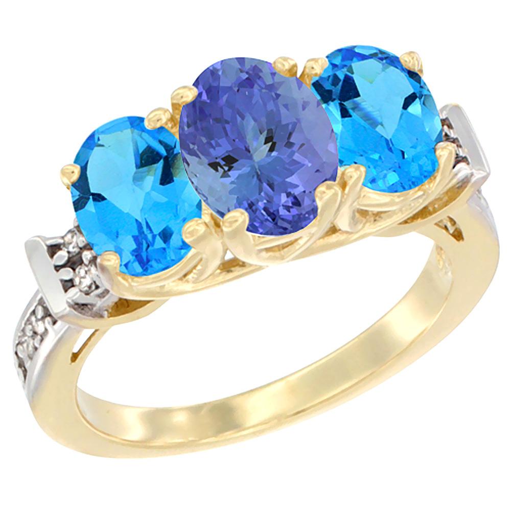 10K Yellow Gold Natural Tanzanite &amp; Swiss Blue Topaz Sides Ring 3-Stone Oval Diamond Accent, sizes 5 - 10