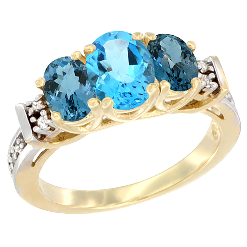 10K Yellow Gold Natural Swiss Blue Topaz &amp; London Blue Ring 3-Stone Oval Diamond Accent