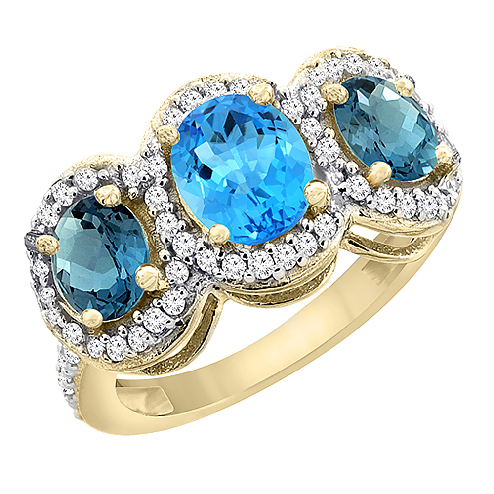 10K Yellow Gold Natural Swiss Blue Topaz &amp; London Blue Topaz 3-Stone Ring Oval Diamond Accent, sizes 5 - 10