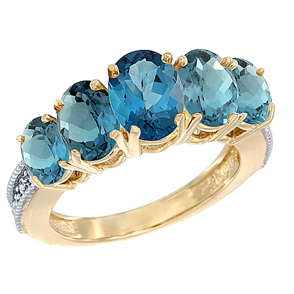10K Yellow Gold Diamond Natural London Blue Topaz Ring 5-stone Oval 8x6 Ctr,7x5,6x4 sides, sizes 5 - 10