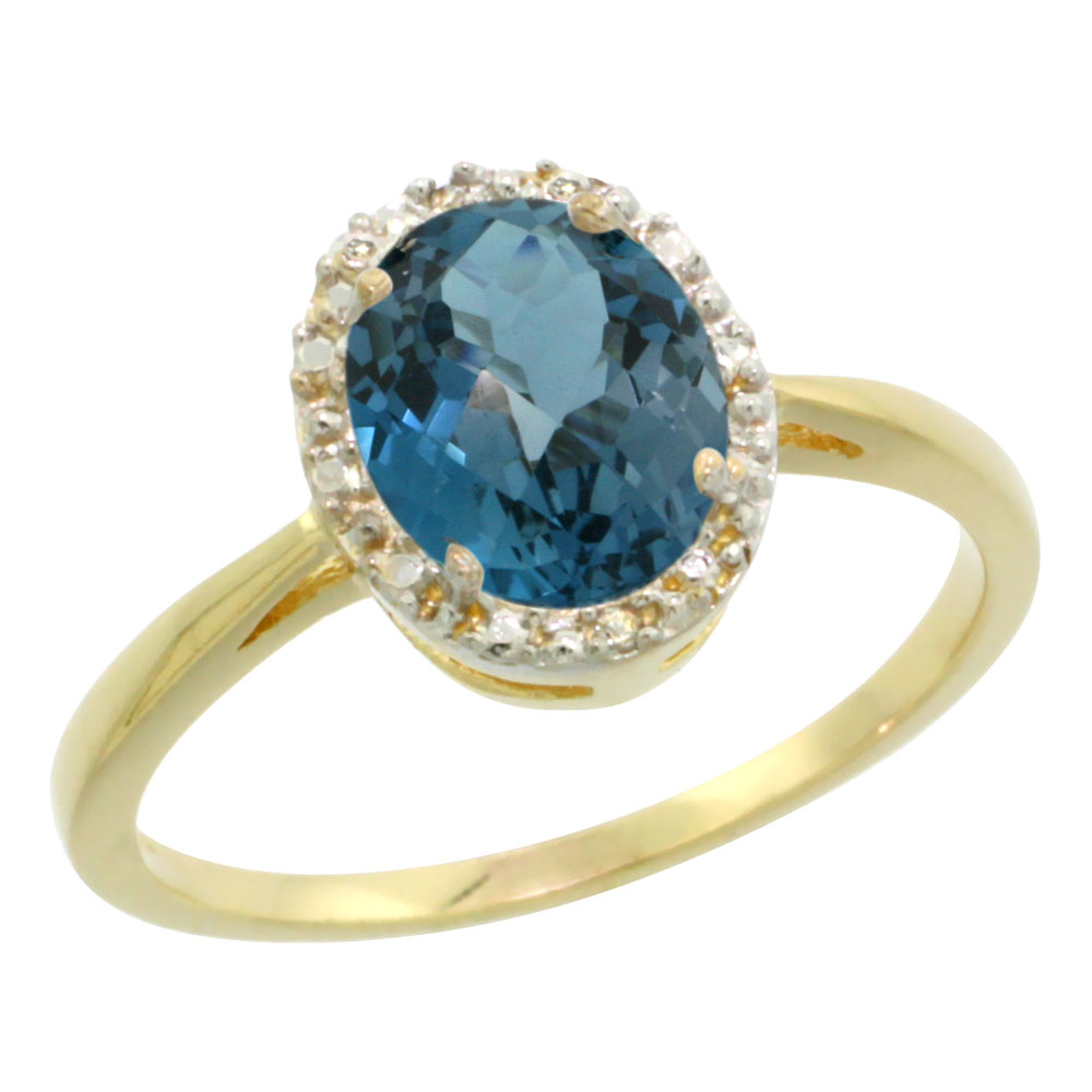 10K Yellow Gold Natural London Blue Topaz Diamond Halo Ring Oval 8X6mm, sizes 5 - 10