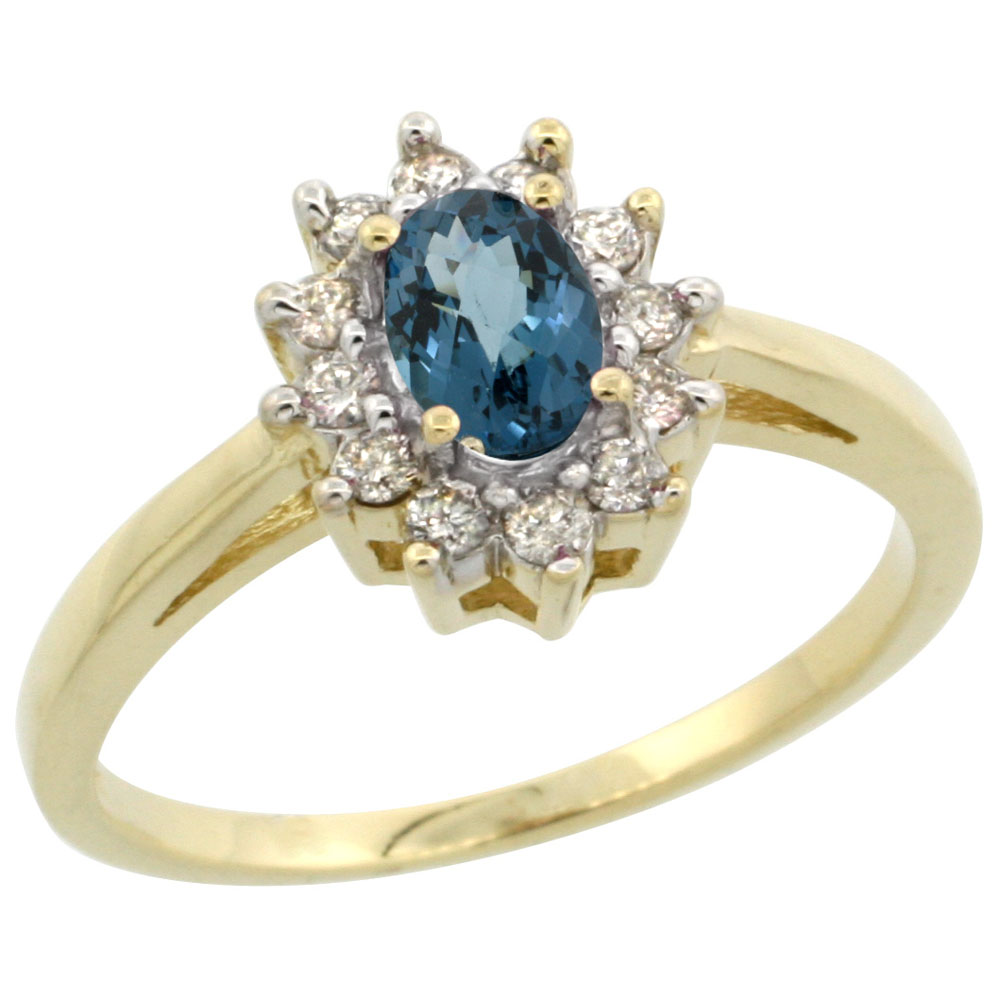 10K Yellow Gold Natural London Blue Topaz Flower Diamond Halo Ring Oval 6x4 mm, sizes 5 10