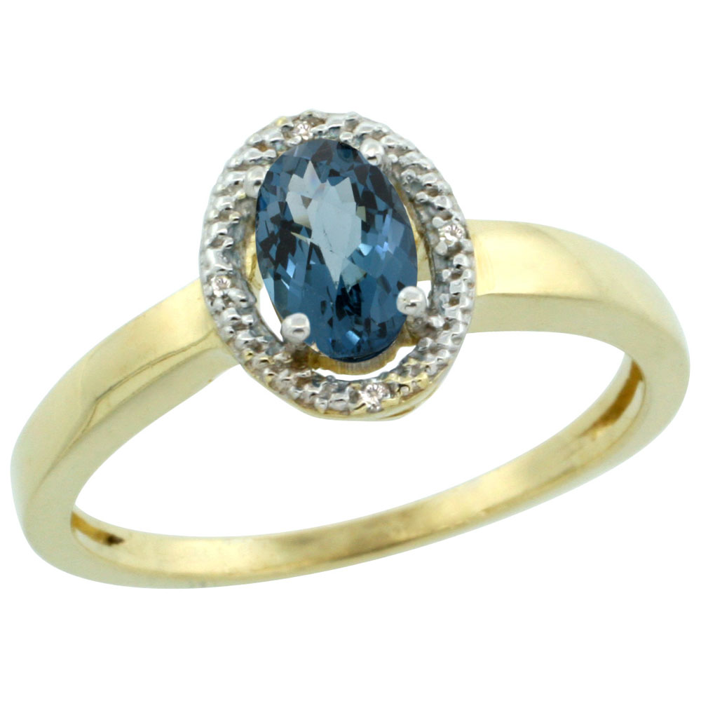 10K Yellow Gold Diamond Halo Natural London Blue Topaz Engagement Ring Oval 6X4 mm, sizes 5-10