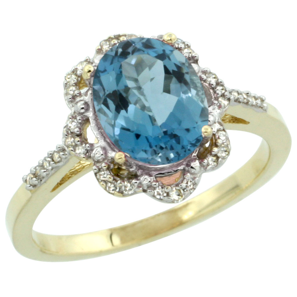 10K Yellow Gold Diamond Halo Natural London Blue Topaz Engagement Ring Oval 9x7mm, sizes 5-10